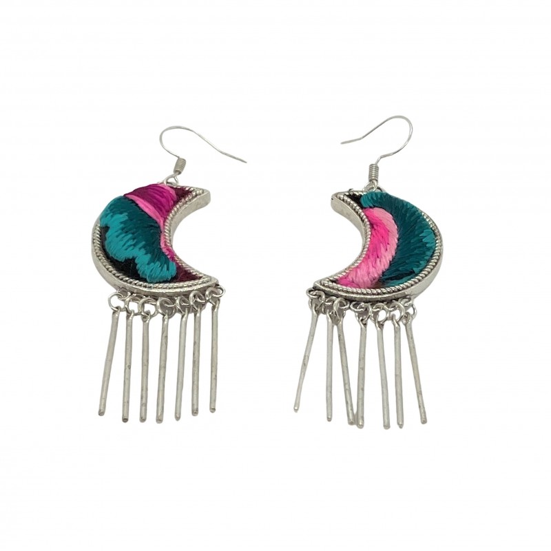 Boucles D'oreilles Ethniques Chine Miao - Pendantes En Alliage Argenté - Occasion En Bon état